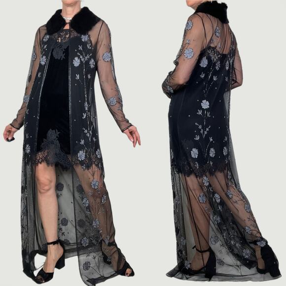 Sue Wong fur collar beaded embroidered sheer jacket duster coat cocktail floral - Picture 3 of 15
